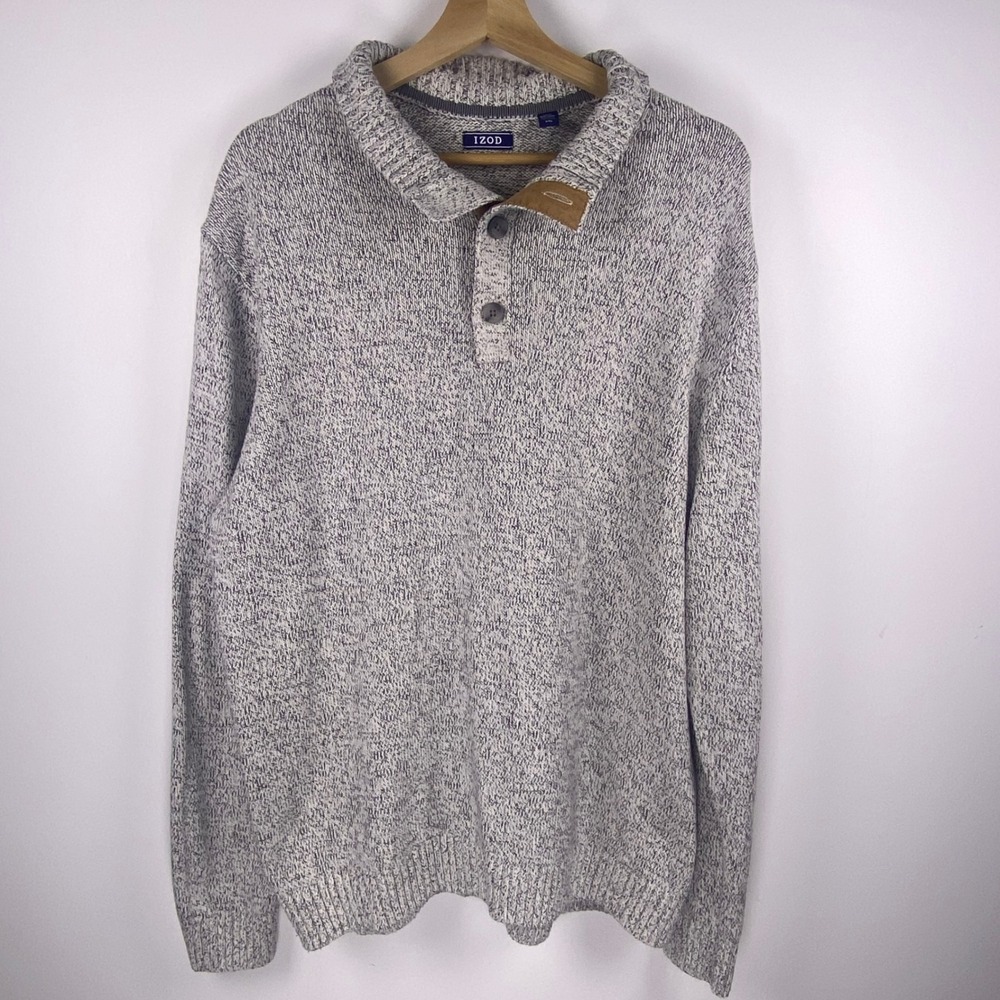 IZOD Sweater Mens XXL Grey Marled Shawl Neck Button Pullover Knit Grandpa Core